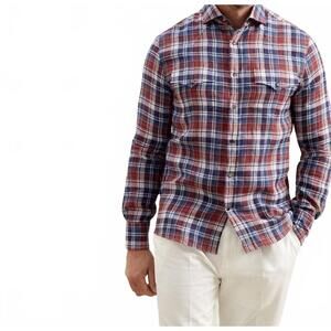 NEW BRUNELLO CUCINELLI bicolor linen pattern shirt in ginger/ blue